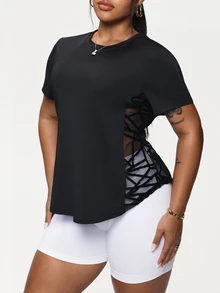 Rhythm Era Plus Size Women's Crew Neck Short Sleeve Geometric Mesh Splice Sports Cow Girl T-Shirt, Workout Top Gym Shirts Black Summer - Black - View 4