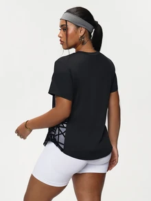 Rhythm Era Plus Size Women's Crew Neck Short Sleeve Geometric Mesh Splice Sports Cow Girl T-Shirt, Workout Top Gym Shirts Black Summer - Black - View 2