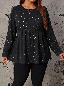 Comfylo Plus Polka Dot Print Lantern Sleeve Babydoll Tee Fall - Multicolor - View 3