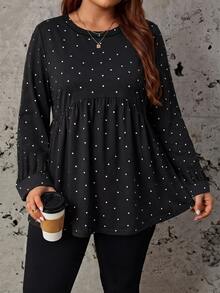 Comfylo Plus Polka Dot Print Lantern Sleeve Babydoll Tee Fall - Multicolor - View 1