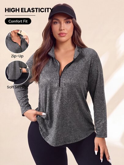 SHEIN Rhythm Era Plus Size Half Zip Sports Long Sleeve Tee Fall