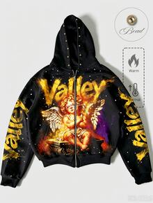 ROMWE MEN 2026秋冬新款圖案設計酷感男士衛衣 加厚秋冬款 VALLEY 中性情侶款衛衣外套 女款休閒街頭風美式連帽衛衣 - 黑色 - 查看 7