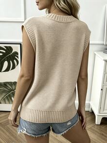 Breezaya Women's Solid Color Round Neck Single-Breasted Casual Knit Vest Office Beige Autumn - Camel - View 2