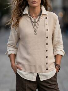 Breezaya Women's Solid Color Round Neck Single-Breasted Casual Knit Vest Office Beige Autumn - Camel - View 1