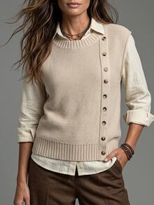 Breezaya Women's Solid Color Round Neck Single-Breasted Casual Knit Vest Office Beige Autumn - Camel - View 9