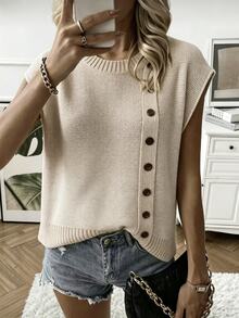 Breezaya Women's Solid Color Round Neck Single-Breasted Casual Knit Vest Office Beige Autumn - Camel - View 3
