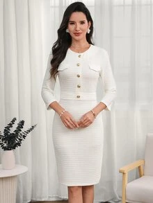 Medorina 優雅商務休閒派對辦公室茶會女款洋裝，米白色，正式穿著，適合工作、秋季穿著、外出 - Pearl White - 查看 5
