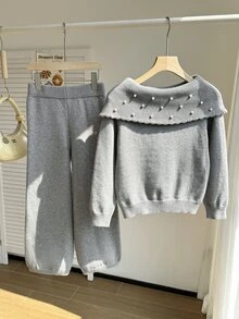 SHEIN طقم كنزة بأكمام طويلة مزينة باللؤلؤ الاصطناعي وبنطال محبوك للفتيات المراهقات - رمادي فاتح - مشاهدة 3