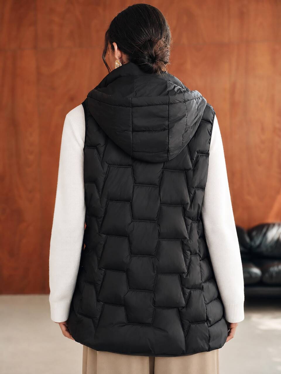 Winter Black Detachable Hood Long Vest Padded Coat