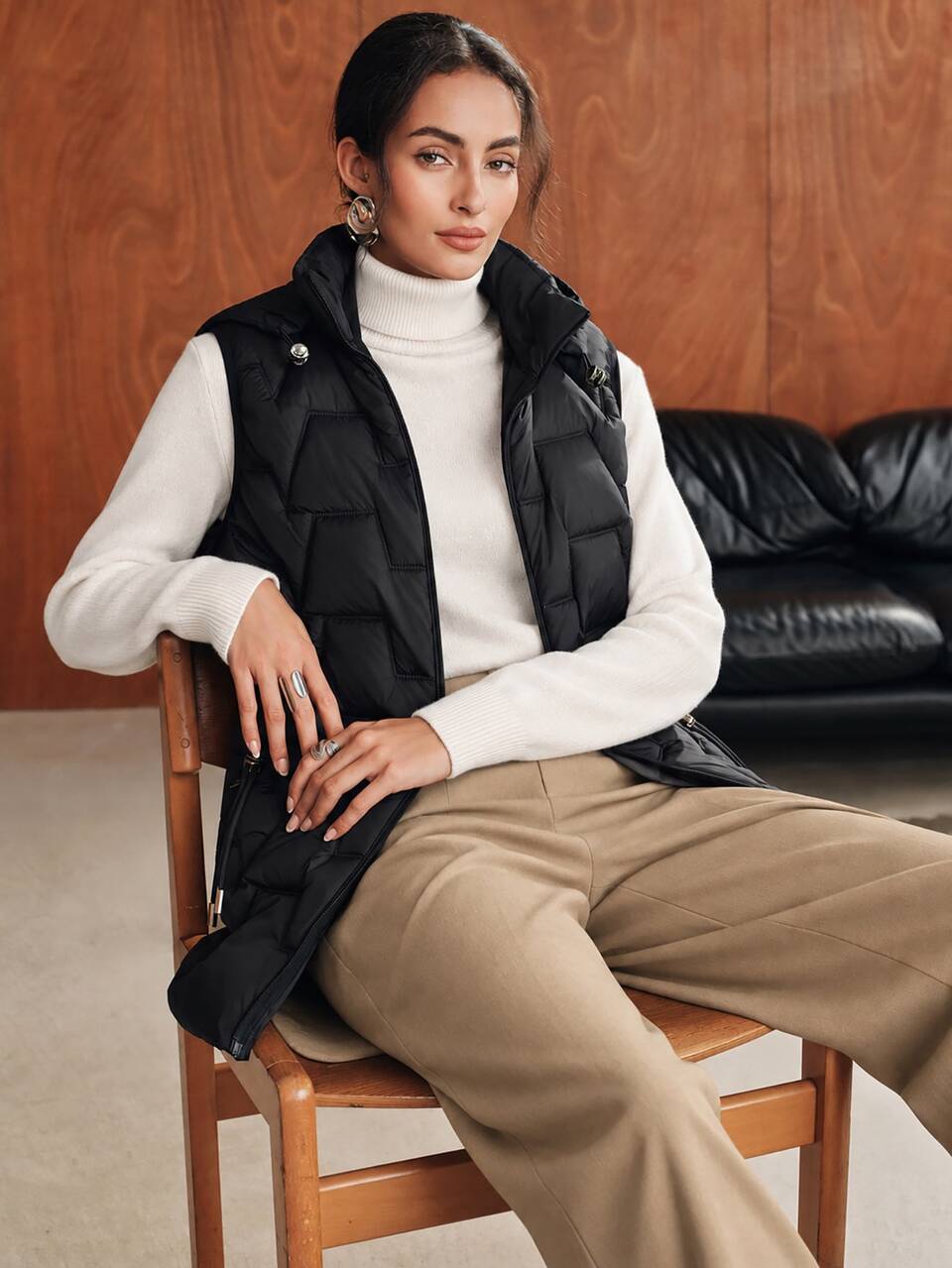 Winter Black Detachable Hood Long Vest Padded Coat