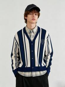 Manfinity Hypemode Men's Letter Pattern Colorblock Casual Daily Cardigan - Navy Blue - View 1