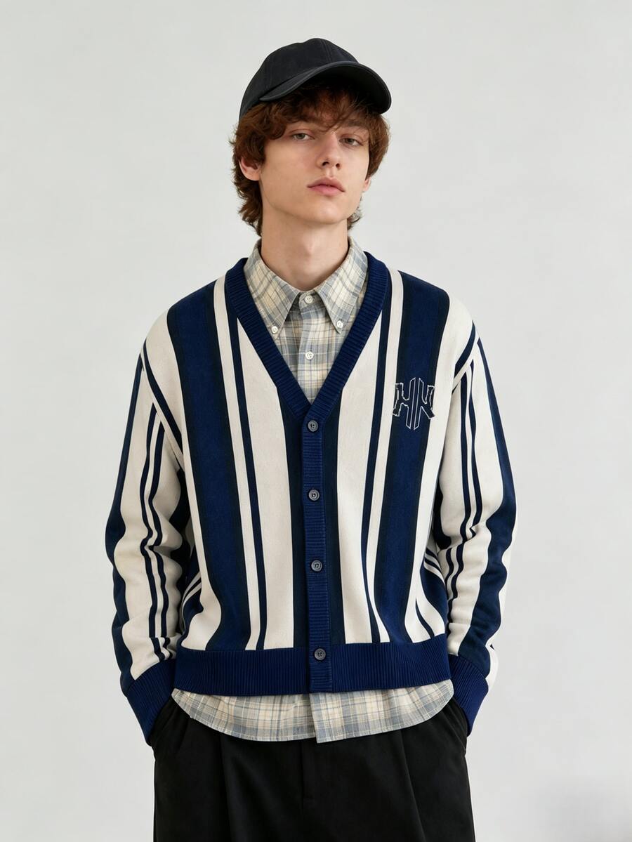 Manfinity Hypemode Men's Letter Pattern Colorblock Casual Daily Cardigan - Navy Blue - View 1
