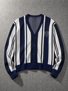 Manfinity Hypemode Men's Letter Pattern Colorblock Casual Daily Cardigan - Navy Blue - View 6
