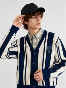 Manfinity Hypemode Men's Letter Pattern Colorblock Casual Daily Cardigan - Navy Blue - View 4