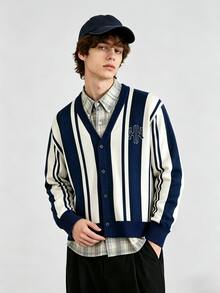 Manfinity Hypemode Men's Letter Pattern Colorblock Casual Daily Cardigan - Navy Blue - View 3