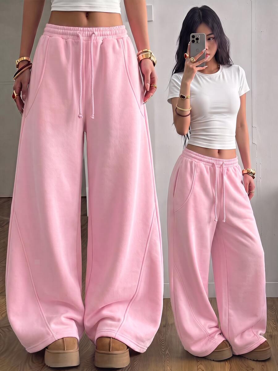 SHEIN Celana Jogging Longgar Abu-abu Muda dengan Tali Serut dan Kaki Lebar untuk Remaja Perempuan, Pakaian Musim Gugur untuk Kembali ke Sekolah, Busana Musim Gugur, Kasual, Sporty, Santai - Berwarna merah muda - View 1