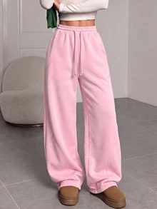 SHEIN 青少年女孩淺灰色寬鬆抽繩寬腿運動長褲，秋季開學服飾，秋季穿搭，休閒運動風，舒適隨性 - 粉色 - 查看 3