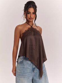 SHEIN BAE 女款休閒度假掛脖蕾絲拼接露背不對稱下擺棕色純色緞面背心，適合海邊度假、海灘假期、姐妹休閒度假，優雅實用棕色緞面背心 - 棕色 - 查看 3
