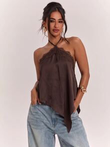 SHEIN BAE 女款休閒度假掛脖蕾絲拼接露背不對稱下擺棕色純色緞面背心，適合海邊度假、海灘假期、姐妹休閒度假，優雅實用棕色緞面背心 - 棕色 - 查看 7