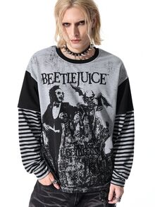 ROMWE MEN Beetlejuice X ROMWE Men's Colorblock Striped Character Print 2 In 1 T-Shirt - Black - View 13