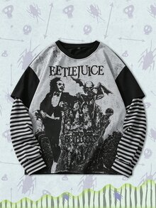 ROMWE MEN Beetlejuice X ROMWE Men's Colorblock Striped Character Print 2 In 1 T-Shirt - Black - View 1