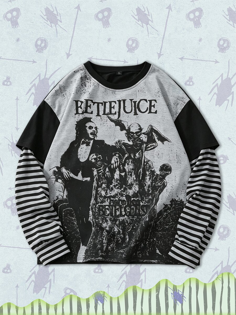 ROMWE MEN Beetlejuice X ROMWE Men's Colorblock Striped Character Print 2 In 1 T-Shirt - Black - View 1