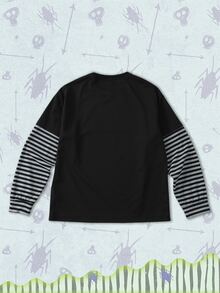 ROMWE MEN Beetlejuice X ROMWE Men's Colorblock Striped Character Print 2 In 1 T-Shirt - Black - View 14