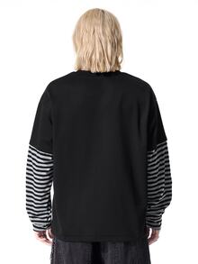 ROMWE MEN Beetlejuice X ROMWE Men's Colorblock Striped Character Print 2 In 1 T-Shirt - Black - View 3