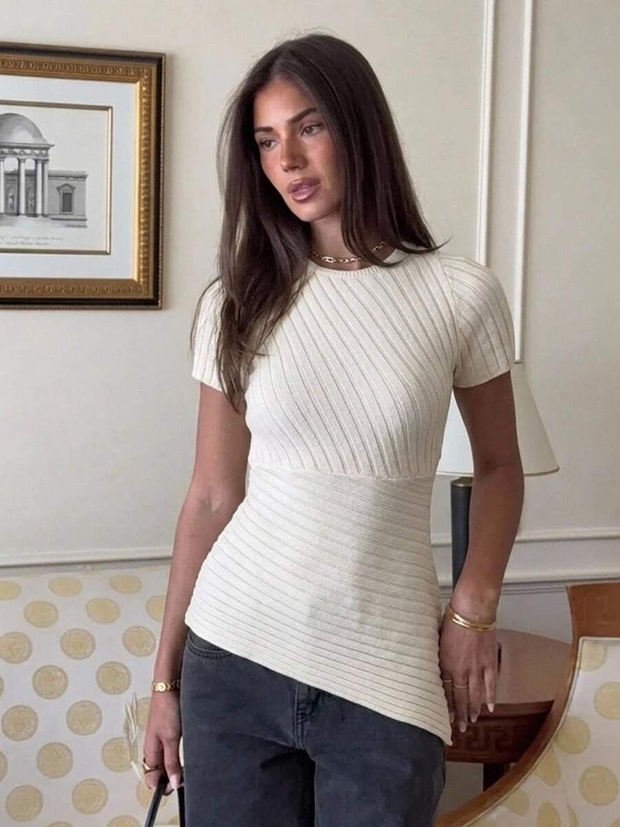 Siren Gaze Women's Ribbed Knit Short Sleeve High Neck Fitted Basic Top, Autumn/Winter Women's Knit Top - Apricot - View 1