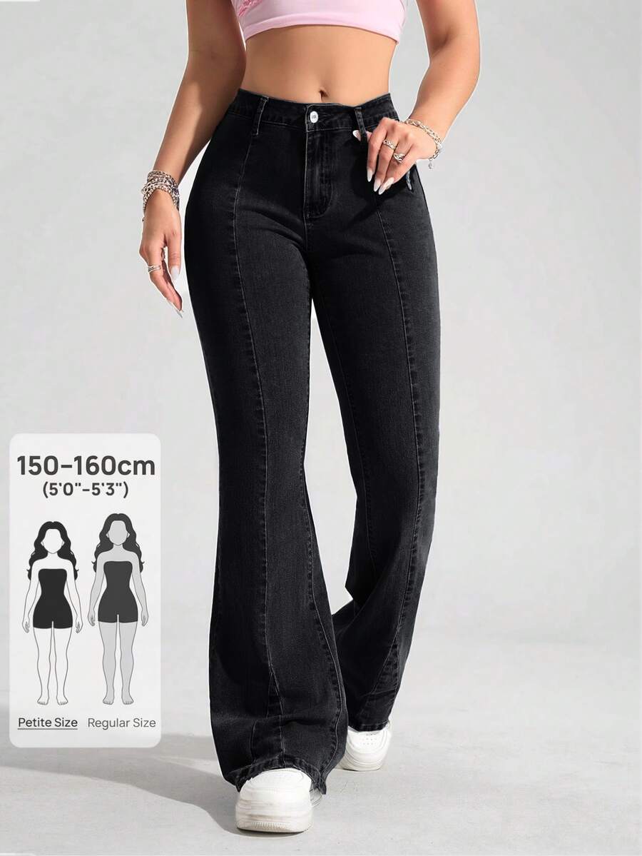 SHEIN PETITE بنطال جينز نسائي كاجوال بساق واسعة، متعدد الاستخدامات للارتداء اليومي، للنساء القصيرات - الأسود - مشاهدة 1