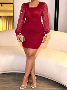 Cravure Women's Plus Size Elegant Corset Commuter 2 In 1 V-Neck Cinched Waist High Waist Slim Fit Bodycon Midi Dress Cocktail Formal Burgundy Fall - Burgundy - View 2