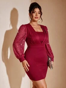 Cravure Women's Plus Size Elegant Corset Commuter 2 In 1 V-Neck Cinched Waist High Waist Slim Fit Bodycon Midi Dress Cocktail Formal Burgundy Fall - Burgundy - View 3