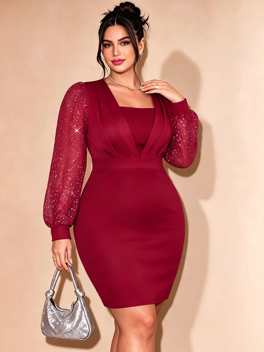 Cravure Women's Plus Size Elegant Corset Commuter 2 In 1 V-Neck Cinched Waist High Waist Slim Fit Bodycon Midi Dress Cocktail Formal Burgundy Fall - Burgundy - View 1