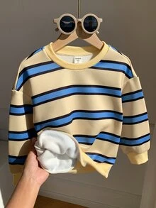 1件男孩條紋印花加厚運動衫，休閒學院風寬鬆版型時尚80年代返校冬季校園活動運動秋季上衣 - 黃色 - 查看 7