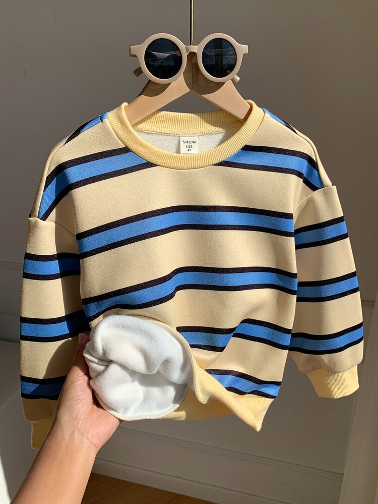 1pc Boys Striped Print Thick Sweatshirt, Casual College Style Loose Fit Fashion 80s Back To School Winter Campus Activity Sports Autumn Top - Yellow - View 7