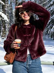 Elenzga Elegant Luxury New Chinese Style Frog Button Burgundy Faux Fur Short Cardigan Jacket, Fuzzy Women's Open Front Coat For Autumn/Winter, Suitable For Party, Holiday, Date - Burgundy - View 5