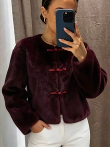 Elenzga Elegant Luxury New Chinese Style Frog Button Burgundy Faux Fur Short Cardigan Jacket, Fuzzy Women's Open Front Coat For Autumn/Winter, Suitable For Party, Holiday, Date - Burgundy - View 1