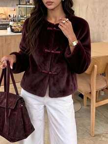 Elenzga Elegant Luxury New Chinese Style Frog Button Burgundy Faux Fur Short Cardigan Jacket, Fuzzy Women's Open Front Coat For Autumn/Winter, Suitable For Party, Holiday, Date - Burgundy - View 4