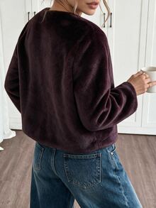 Elenzga Elegant Luxury New Chinese Style Frog Button Burgundy Faux Fur Short Cardigan Jacket, Fuzzy Women's Open Front Coat For Autumn/Winter, Suitable For Party, Holiday, Date - Burgundy - View 2