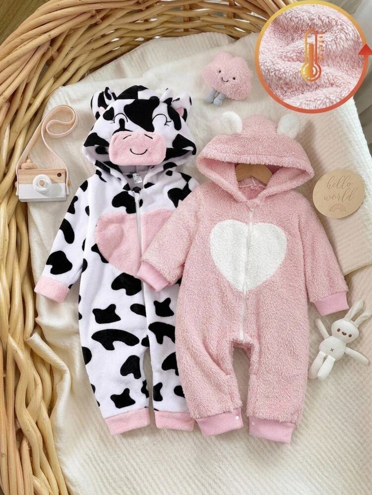 Comfy Newborn Baby Girl Pink Bear & Cat Print Warm Long Sleeve Romper Set For Autumn Winter - Baby Pink - View 8