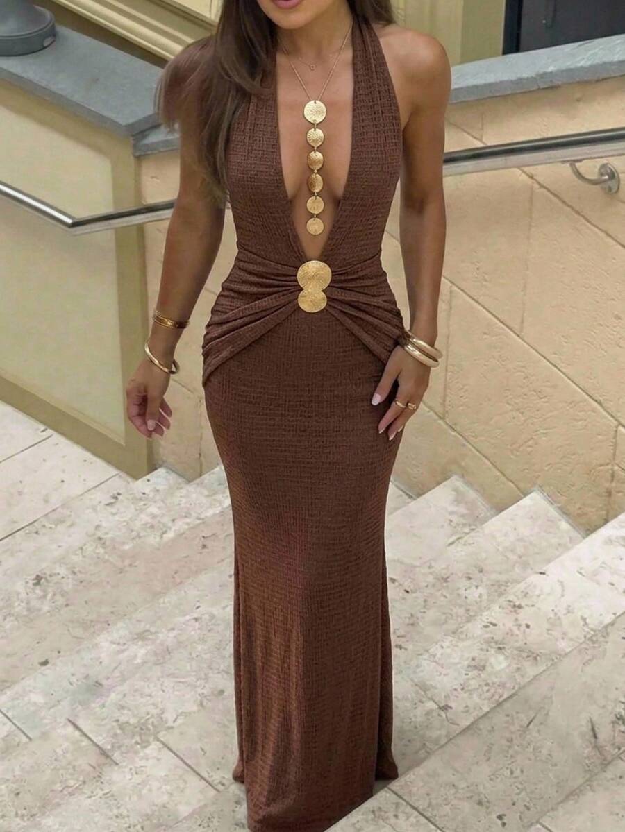 Aloruh Women's Sexy Plunging Neckline V-Neck Long Boho Tropical Outfits With Metal Buckle Decoration,Sexy Dress,Fall Dress,Beach Dresss