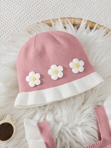 SHEIN رومبير طفلة حديثة الولادة بنقشة زهور صغيرة، رومبير محبوك، تصميم كتل لونية، حافة دانتيل، مناسب للشهر الأول وعيد الميلاد الأول والمناسبات الأخرى، طقم رومبير + قبعة 2 قطعة - متعدد الألوان - مشاهدة 3