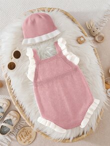 SHEIN رومبير طفلة حديثة الولادة بنقشة زهور صغيرة، رومبير محبوك، تصميم كتل لونية، حافة دانتيل، مناسب للشهر الأول وعيد الميلاد الأول والمناسبات الأخرى، طقم رومبير + قبعة 2 قطعة - متعدد الألوان - مشاهدة 2