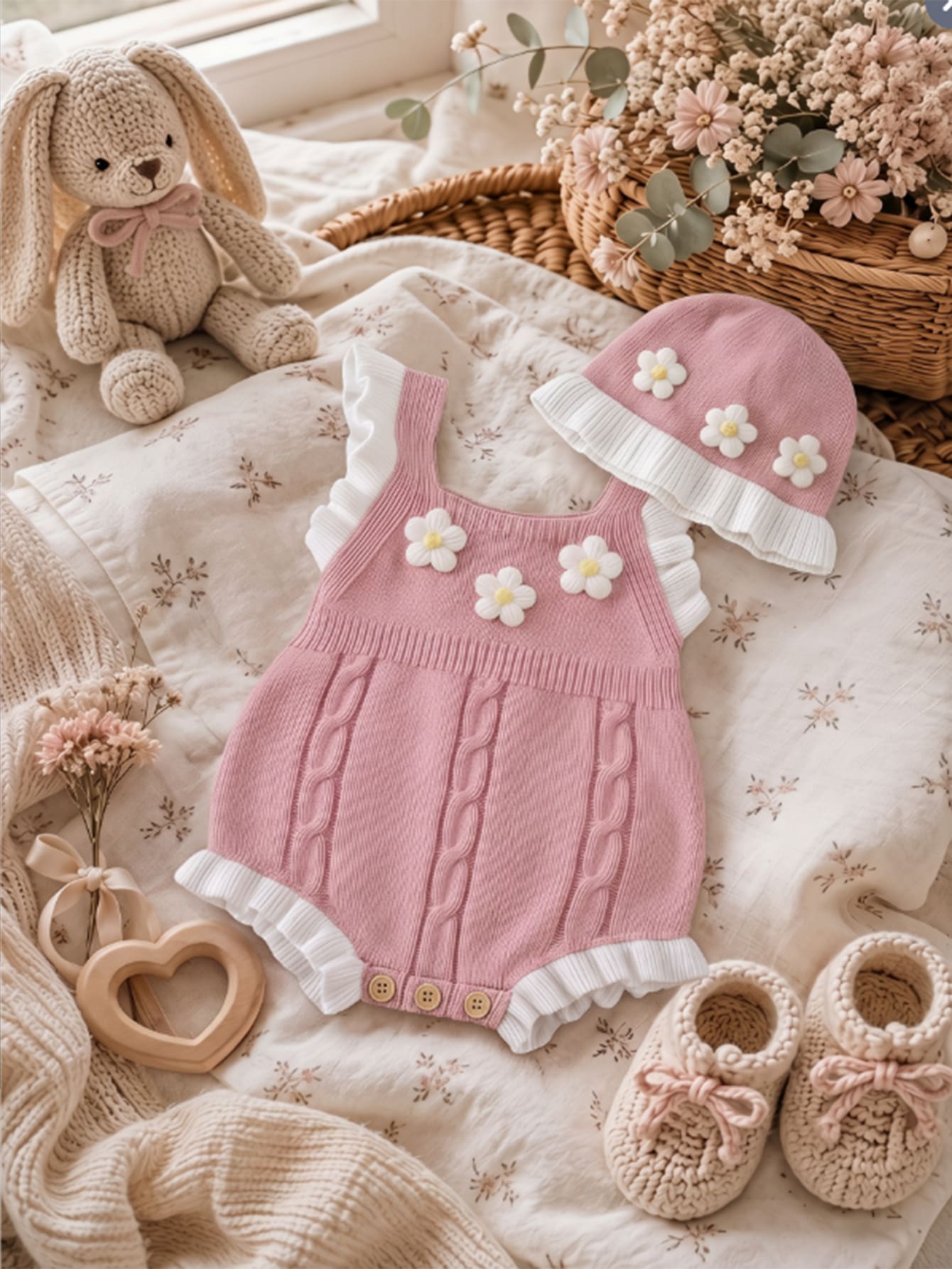 SHEIN رومبير طفلة حديثة الولادة بنقشة زهور صغيرة، رومبير محبوك، تصميم كتل لونية، حافة دانتيل، مناسب للشهر الأول وعيد الميلاد الأول والمناسبات الأخرى، طقم رومبير + قبعة 2 قطعة - متعدد الألوان - مشاهدة 1