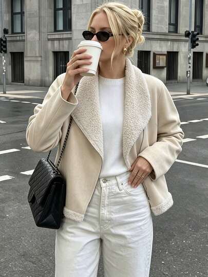 Struktiv Women's Autumn/Winter Suede Patchwork Lamb Wool Large Collar Asymmetric Zipper Short Jacket, Vintage Casual Streetwear Fuzzy Coat