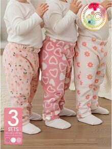 SHEIN 3件組幼女抓絨長褲 甜美粉色珊瑚白愛心花卉印花 毛茸茸厚實 彈性腰頭 適合生日派對 冬季聖誕 秋季假期 - 彩色 - 查看 11