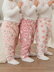 SHEIN 3件組幼女抓絨長褲 甜美粉色珊瑚白愛心花卉印花 毛茸茸厚實 彈性腰頭 適合生日派對 冬季聖誕 秋季假期 - 彩色 - 查看 10