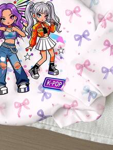 Young Girl Cute Cartoon Girl Group Print Sweatshirt (K-Pop Superstar Style, Bow Element), Suitable For Autumn/Winter Wear - Multicolor - View 7
