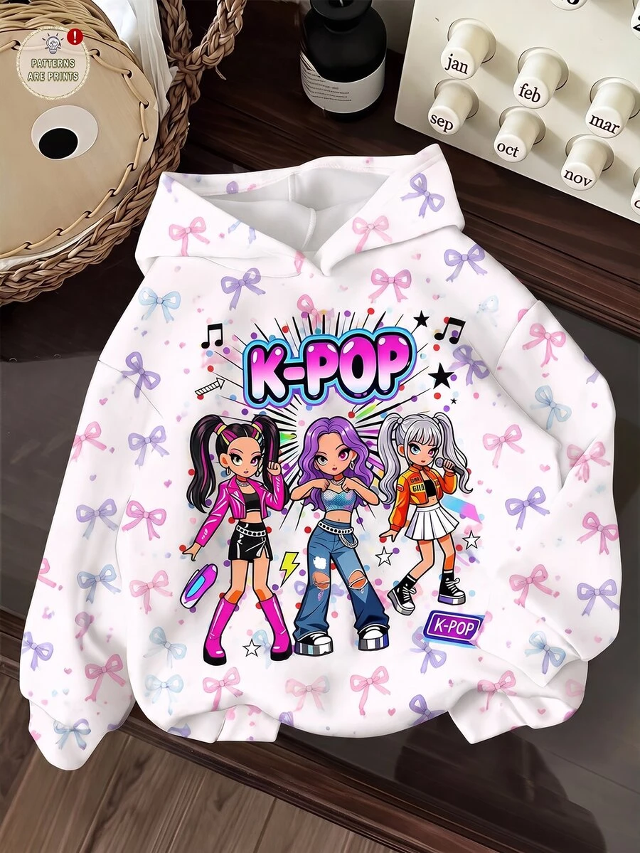 少女可愛卡通女團印花運動衫（K-Pop超級巨星風格，蝴蝶結元素），適合秋冬穿著 - 彩色 - 查看 1