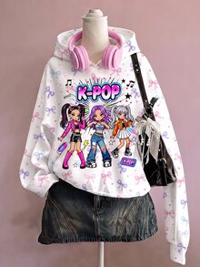 Young Girl Cute Cartoon Girl Group Print Sweatshirt (K-Pop Superstar Style, Bow Element), Suitable For Autumn/Winter Wear - Multicolor - View 1